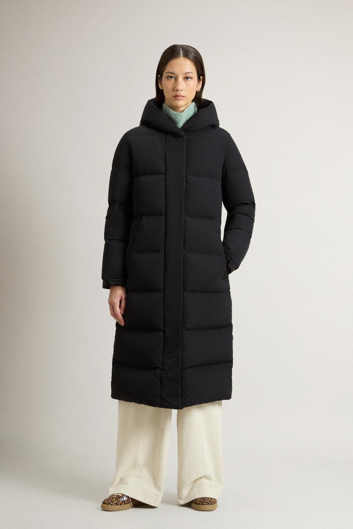 Long Cloud Down Jacket in Stretch Nylon with Matte Finish Black