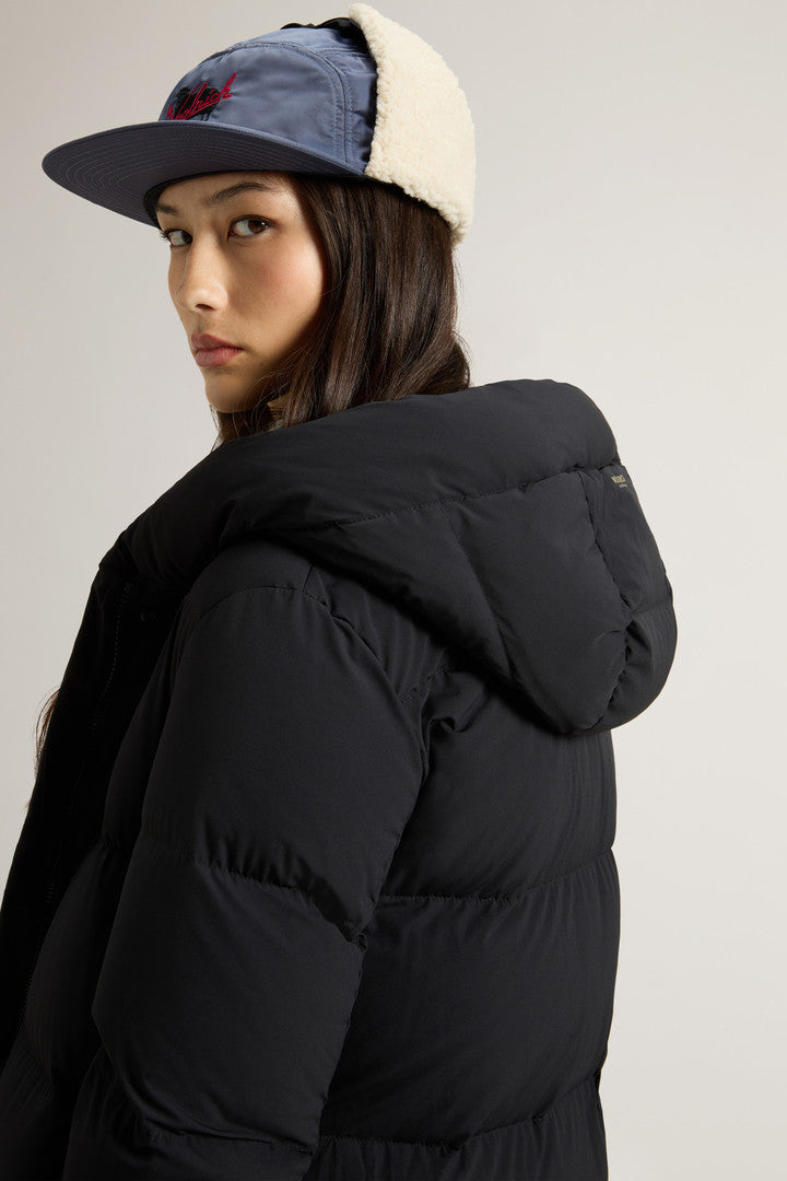 Long Cloud Down Jacket in Stretch Nylon with Matte Finish Black