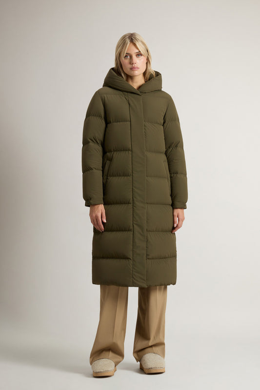 Long Cloud Down Jacket in Stretch Nylon with Matte Finish Black Dark Green