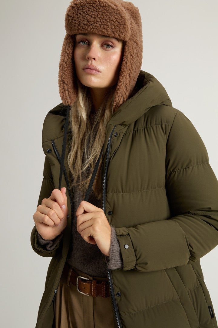 Long Cloud Down Jacket in Stretch Nylon with Matte Finish Black Dark Green