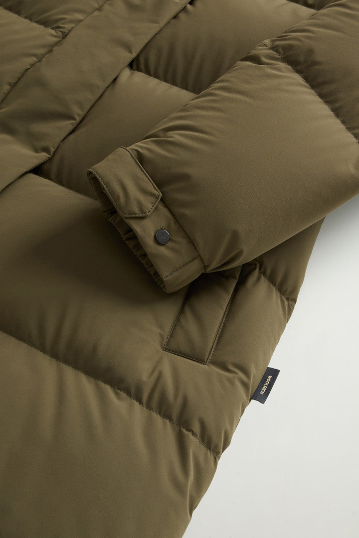 Long Cloud Down Jacket in Stretch Nylon with Matte Finish Black Dark Green