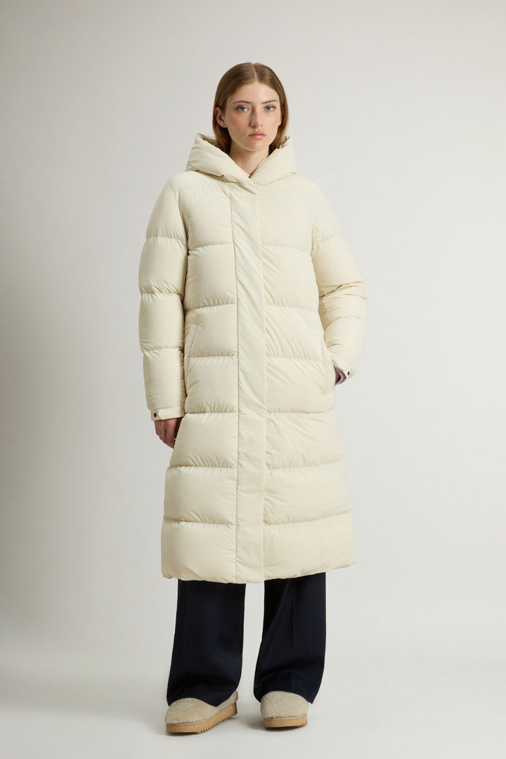 Long Cloud Down Jacket in Stretch Nylon with Matte Finish Black Dark Green Milky Cream