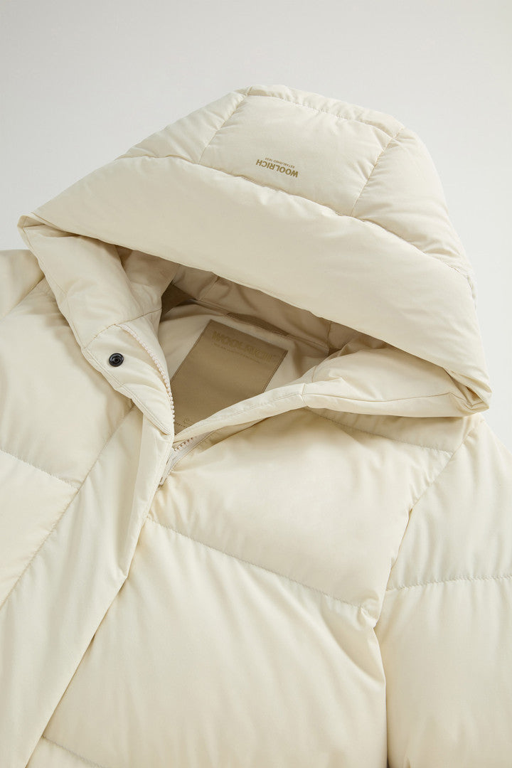 Long Cloud Down Jacket in Stretch Nylon with Matte Finish Black Dark Green Milky Cream