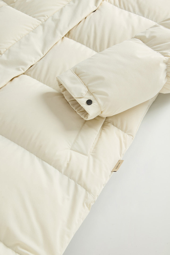 Long Cloud Down Jacket in Stretch Nylon with Matte Finish Black Dark Green Milky Cream